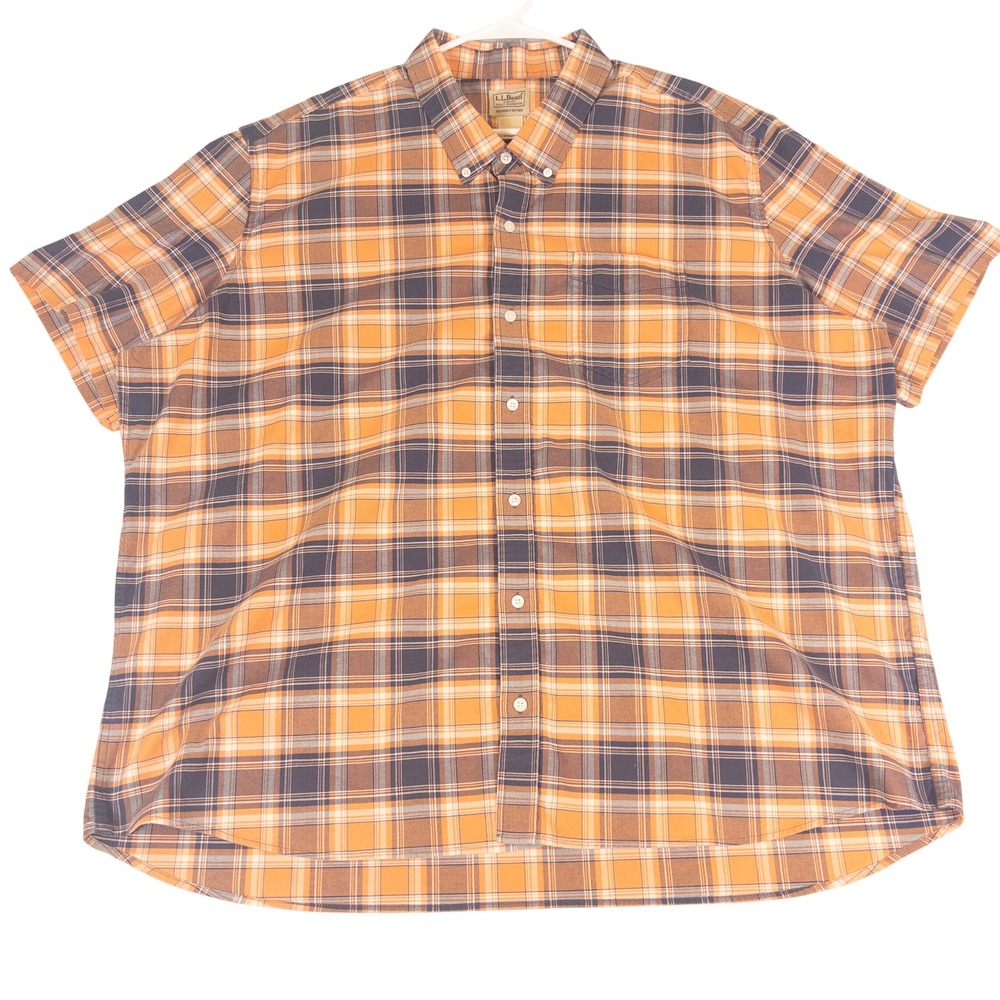 LL Bean Mens XXXL Orange Blue Plaid Short Sleeve Button Down Shirt 3XL